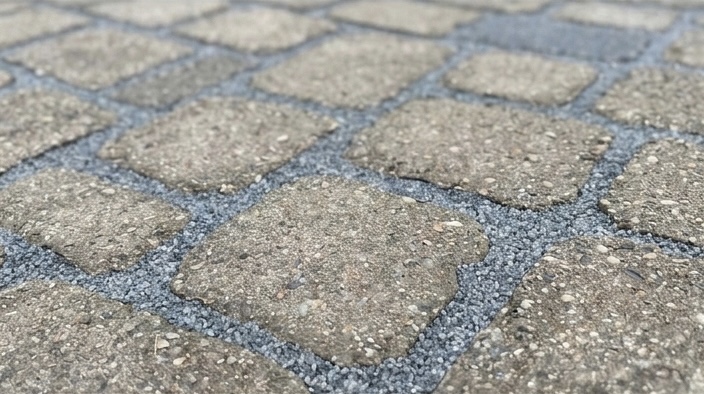 Interlock joints filled with fresh polymeric sand, close up