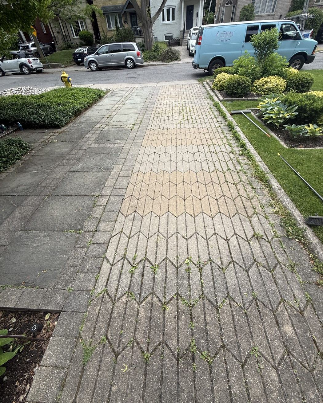 Chevron paver walkway grimy and weedy before restoration